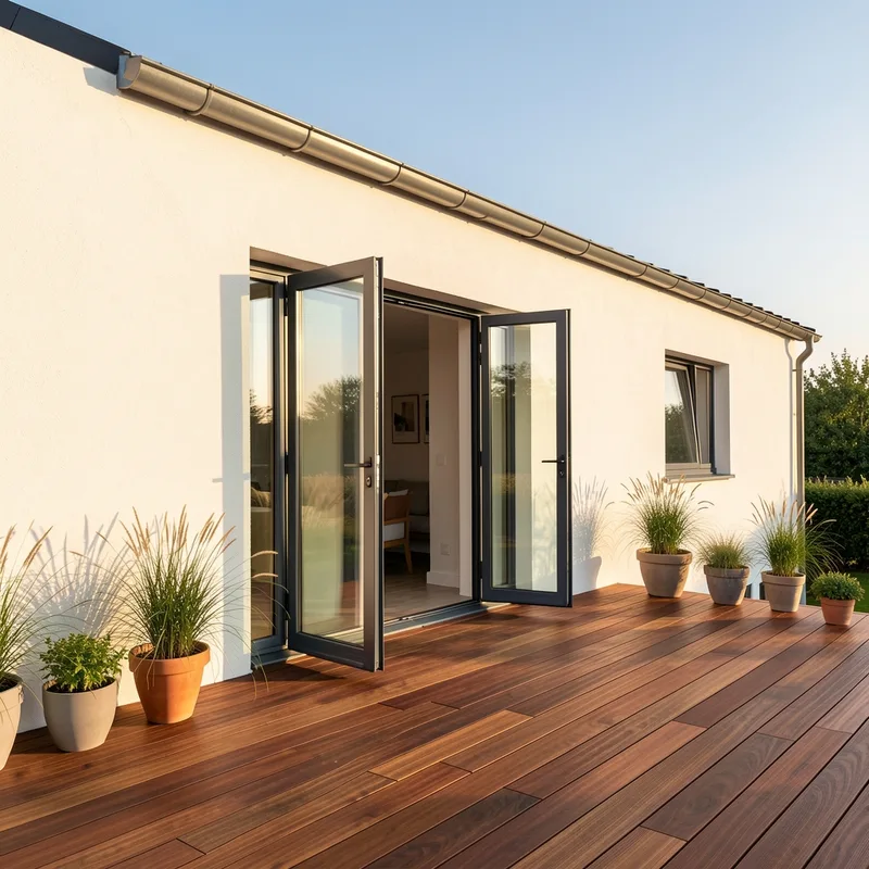 Baie vitrée coulissante en aluminium anthracite ouverte sur une terrasse en bois exposée au soleil