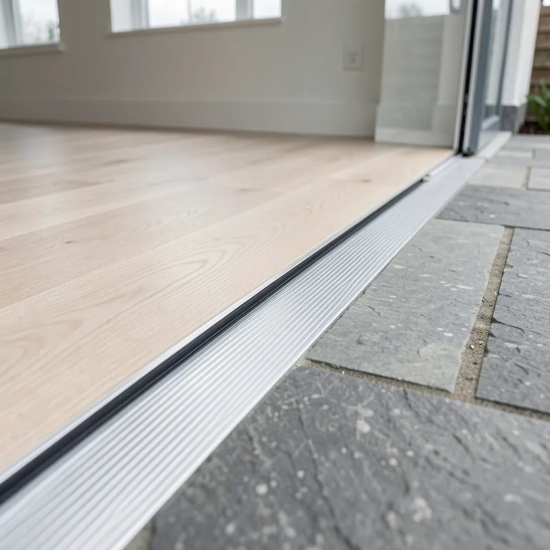 Seuil plat d&rsquo;une baie coulissante aluminium aligné avec une terrasse en pierre