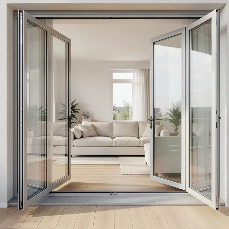Séjour contemporain lumineux vu depuis la terrasse à travers une baie coulissante en aluminium