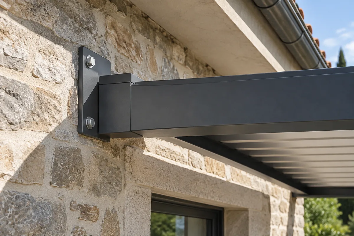 Muralière d&rsquo;une pergola en aluminium fixée sous le débord de toit d&rsquo;une façade en pierre