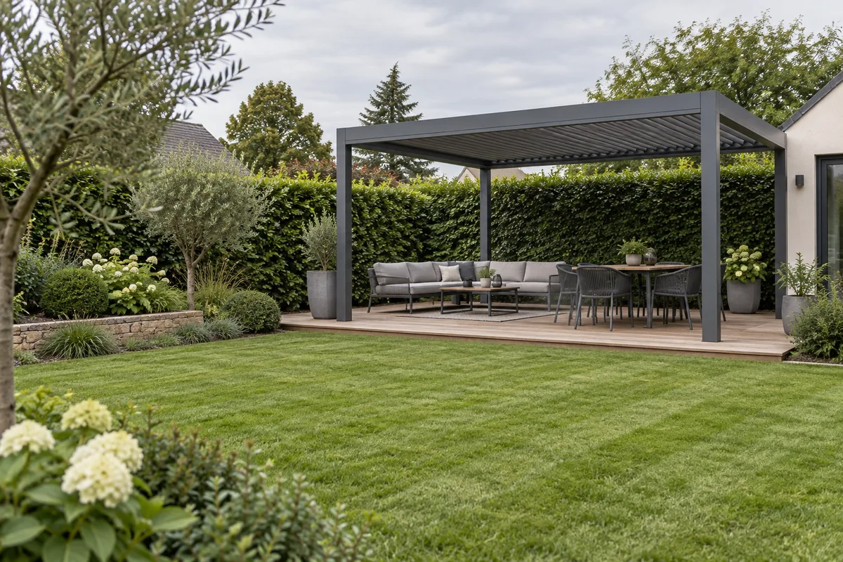 Pergola autoportée en aluminium gris à quatre poteaux sur une terrasse en bois au fond d&rsquo;un jardin