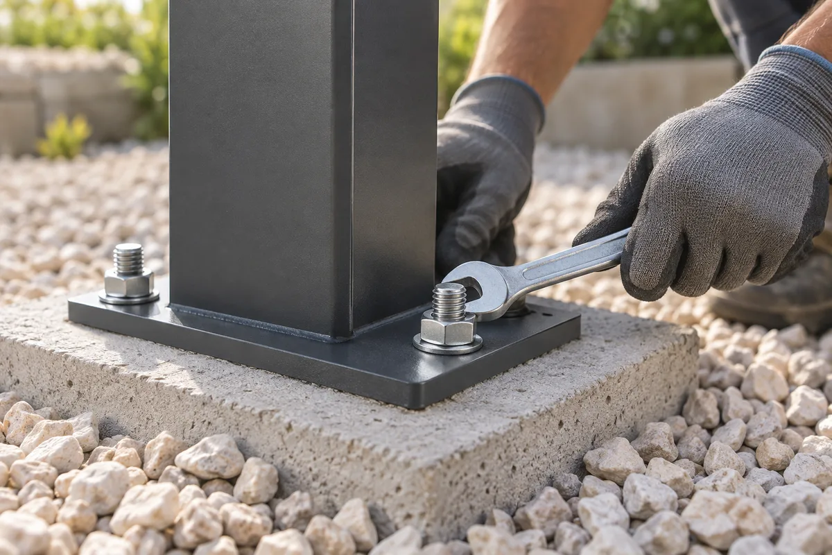 Platine de pied d&rsquo;un poteau de pergola boulonnée sur un plot en béton, mains gantées qui serrent un boulon
