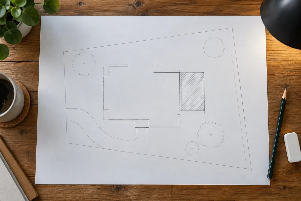 Plan de masse d&rsquo;une extension dessiné au crayon sur une grande feuille posée sur une table en bois