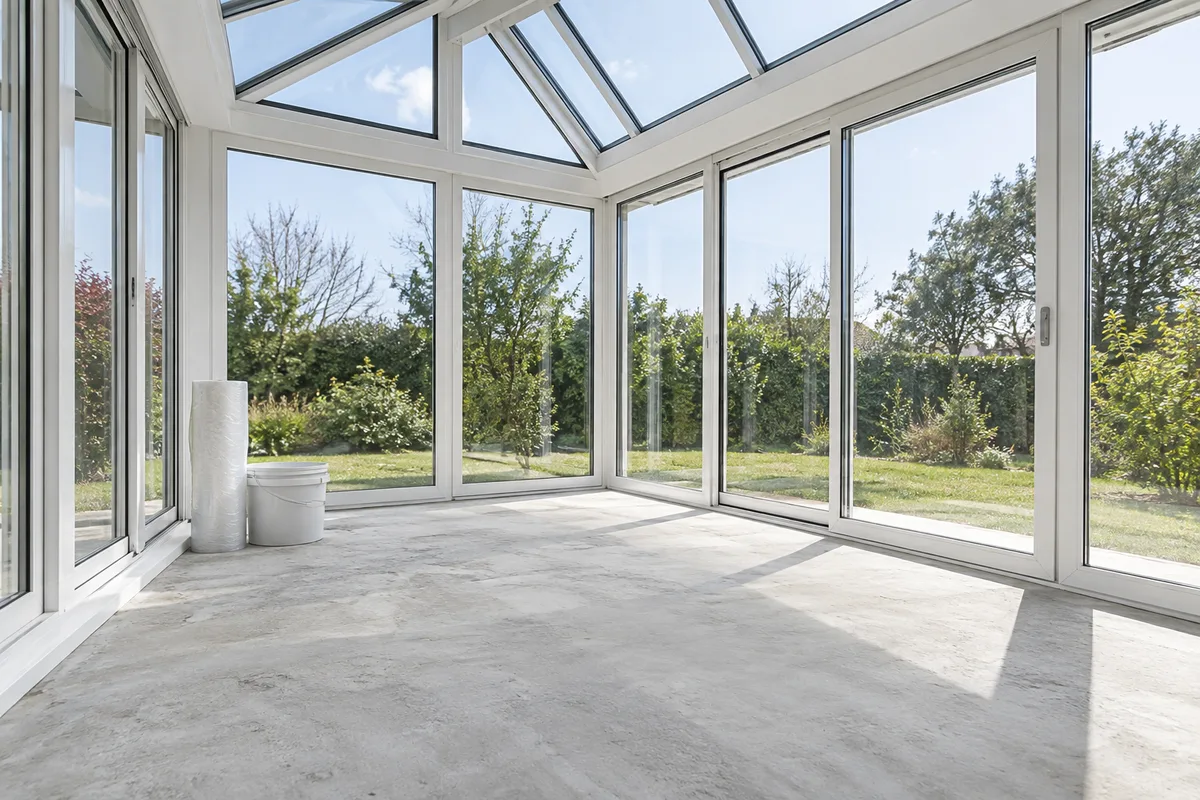 Intérieur d&rsquo;une véranda vide en cours de finition, profilés en aluminium blanc et dalle nue