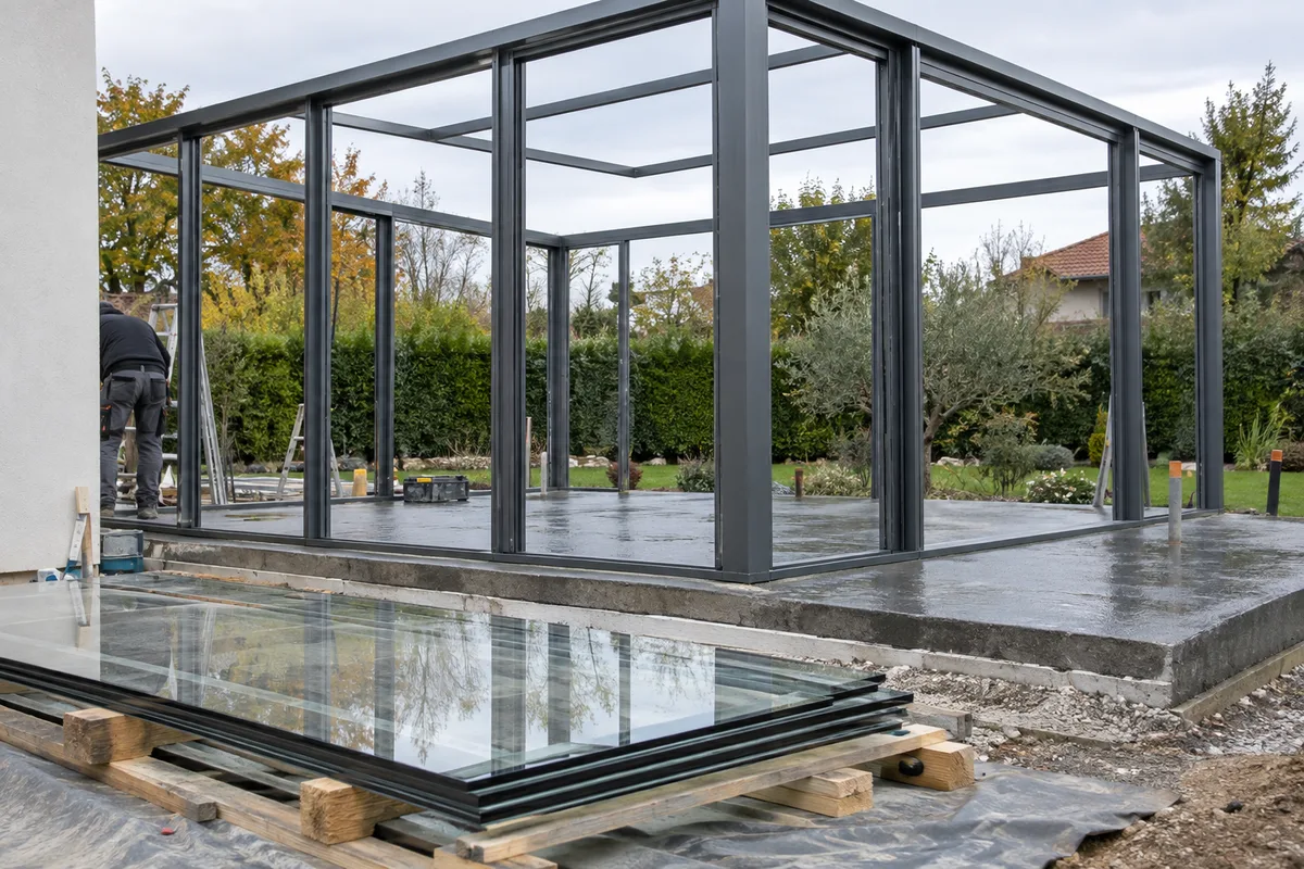 Ossature en aluminium d&rsquo;une véranda posée sur une dalle fraîche, avant la mise en place des vitrages