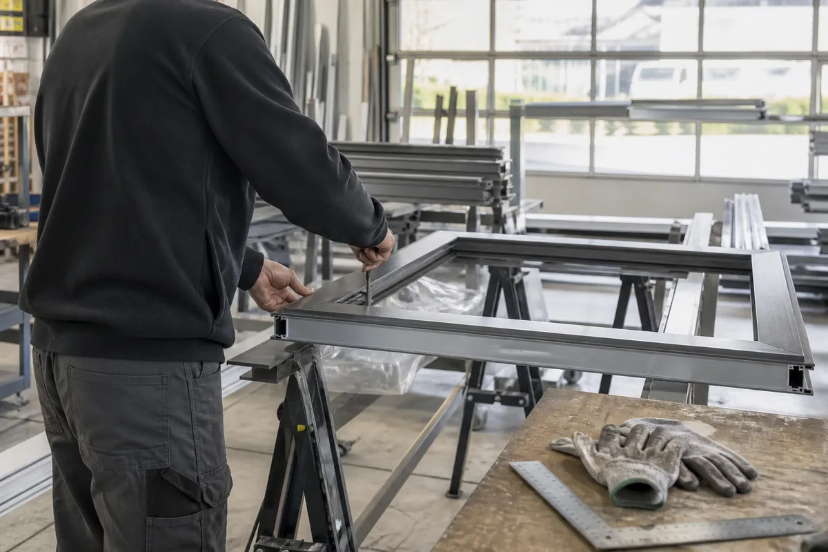 Poseur assemblant un cadre de fenêtre en aluminium dans un atelier de menuiserie