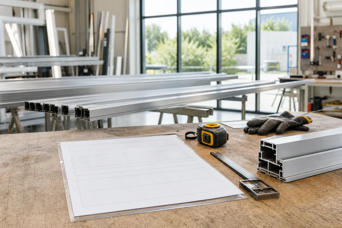 Devis de menuiserie aluminium posé sur une table avec un mètre ruban et un échantillon de profilé