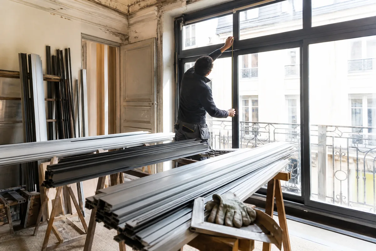 Artisan menuisier prenant les mesures d&rsquo;une baie dans un appartement ancien