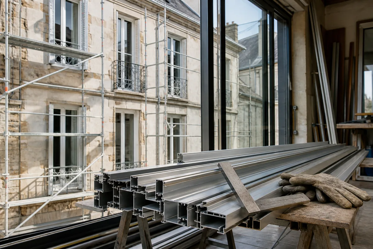 Façade d&rsquo;immeuble ancien avec menuiseries remplacées et échafaudage léger