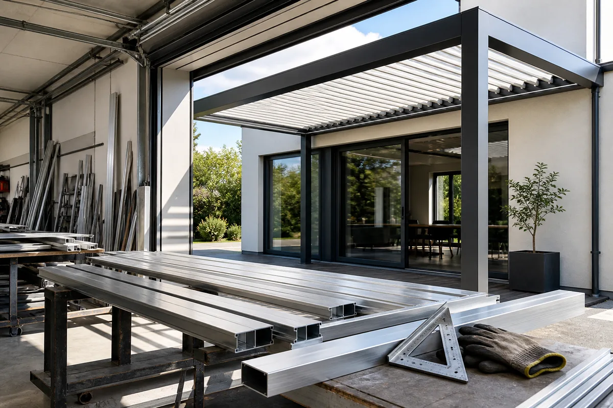 Pergola aluminium à lames orientables adossée à la façade d’une maison