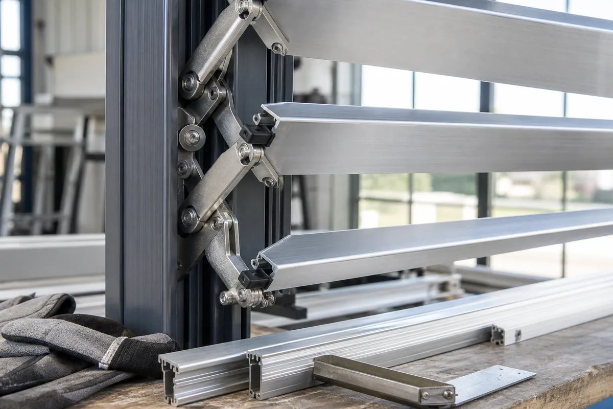 Détail de lames orientables en aluminium et de leur mécanisme de rotation