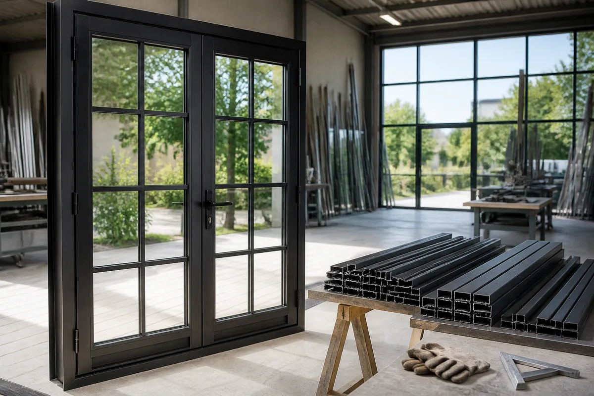 Porte-fenêtre en aluminium noir divisée en carreaux réguliers ouvrant sur une terrasse