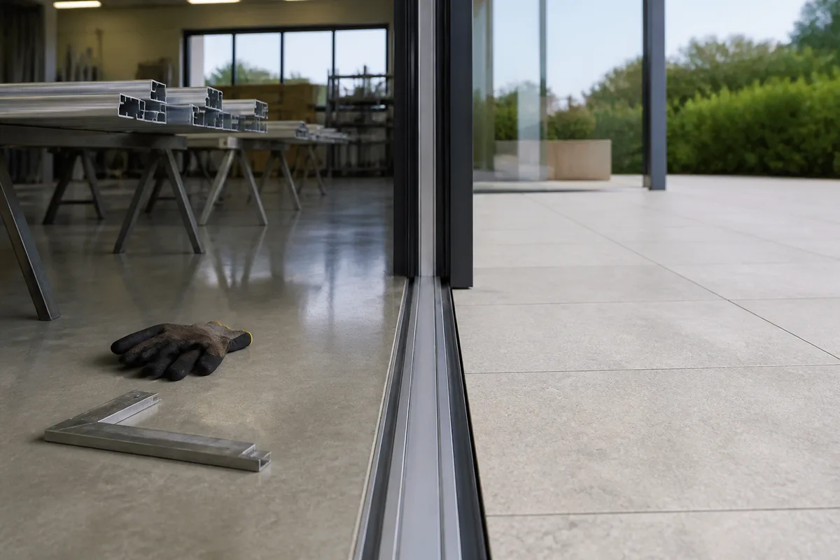 Détail du seuil plat d&rsquo;une porte-fenêtre aluminium avec sol intérieur et terrasse alignés