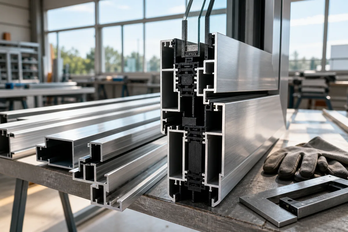 Coupe de profilé aluminium montrant les barrettes isolantes de rupture thermique