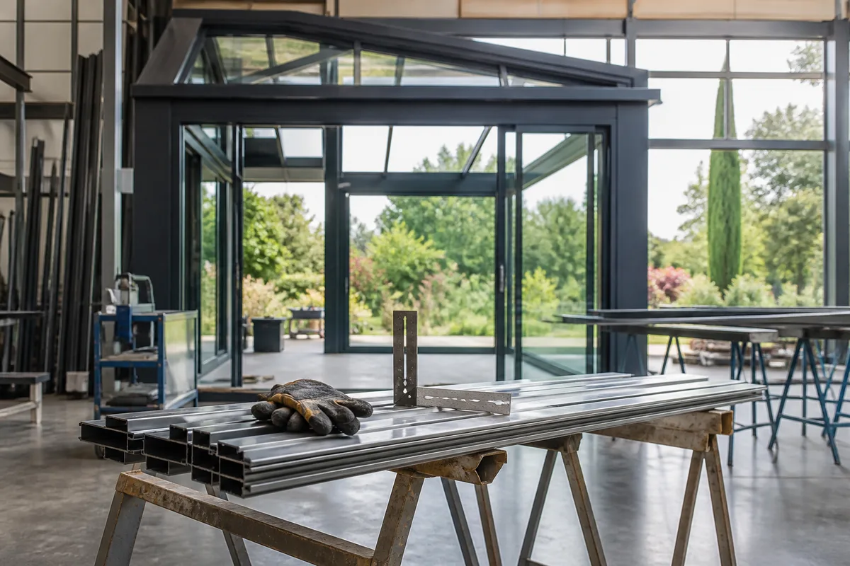Véranda contemporaine à structure aluminium anthracite ouverte sur un jardin