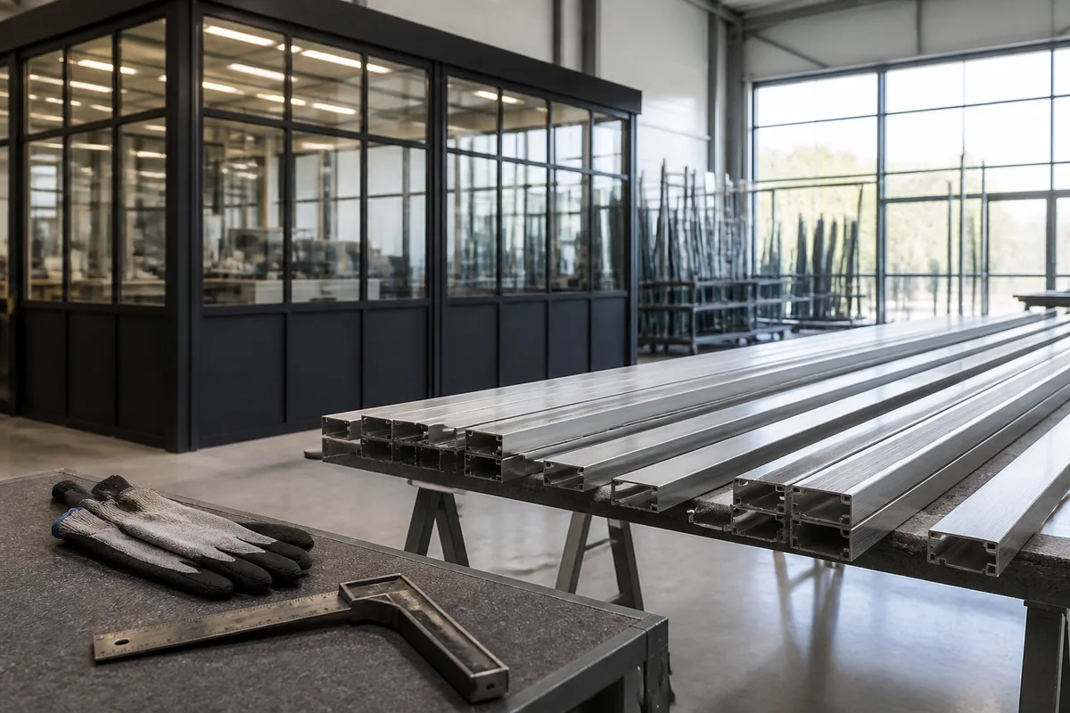 Véranda de style atelier à montants noirs et remplissages vitrés divisés en carreaux