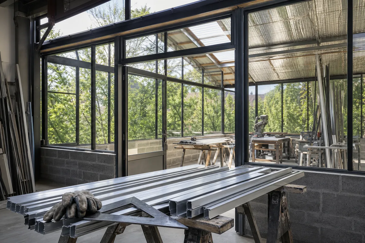 Extension vitrée de style atelier sur socle maçonné avec toiture partiellement isolée