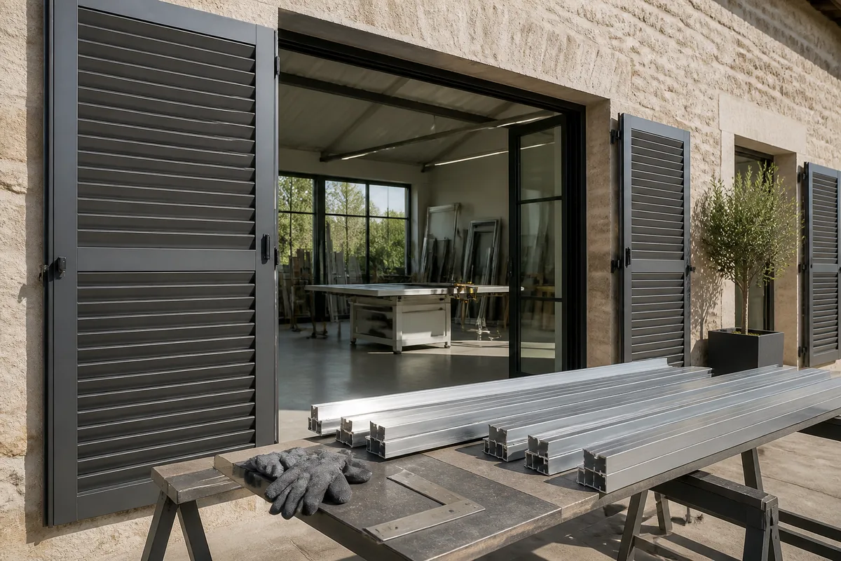 Volets battants en aluminium à lames orientables sur une façade en pierre rénovée